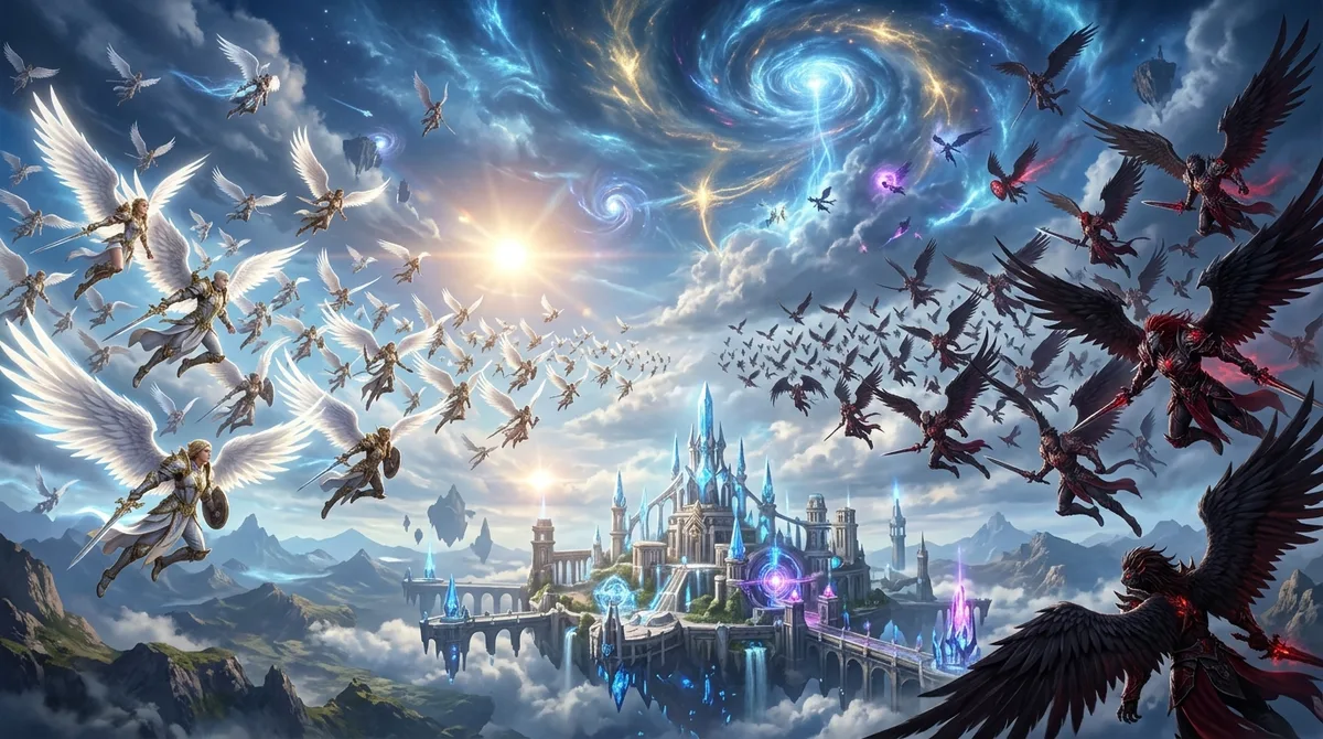 AION 2 Steam Charts live player count surge with winged Daevas soaring across Atreia aerial fortress