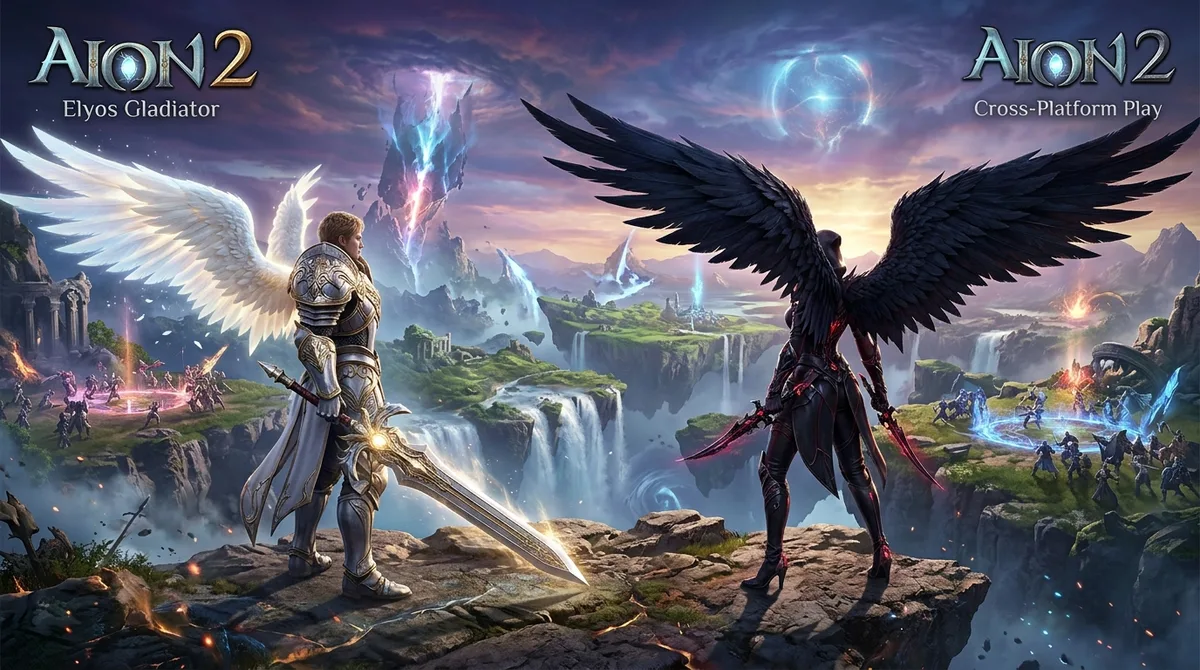 AION 2 cross-platform gameplay on Steam and NC PURPLE featuring Elyos and Asmodian champions overlooking battlefield
